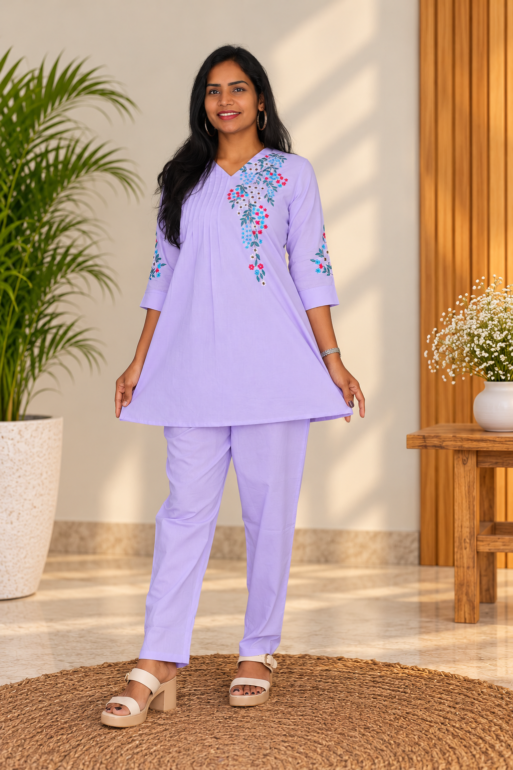 Lavender Floral Embroidered 2-Piece Kurta Set with Lining