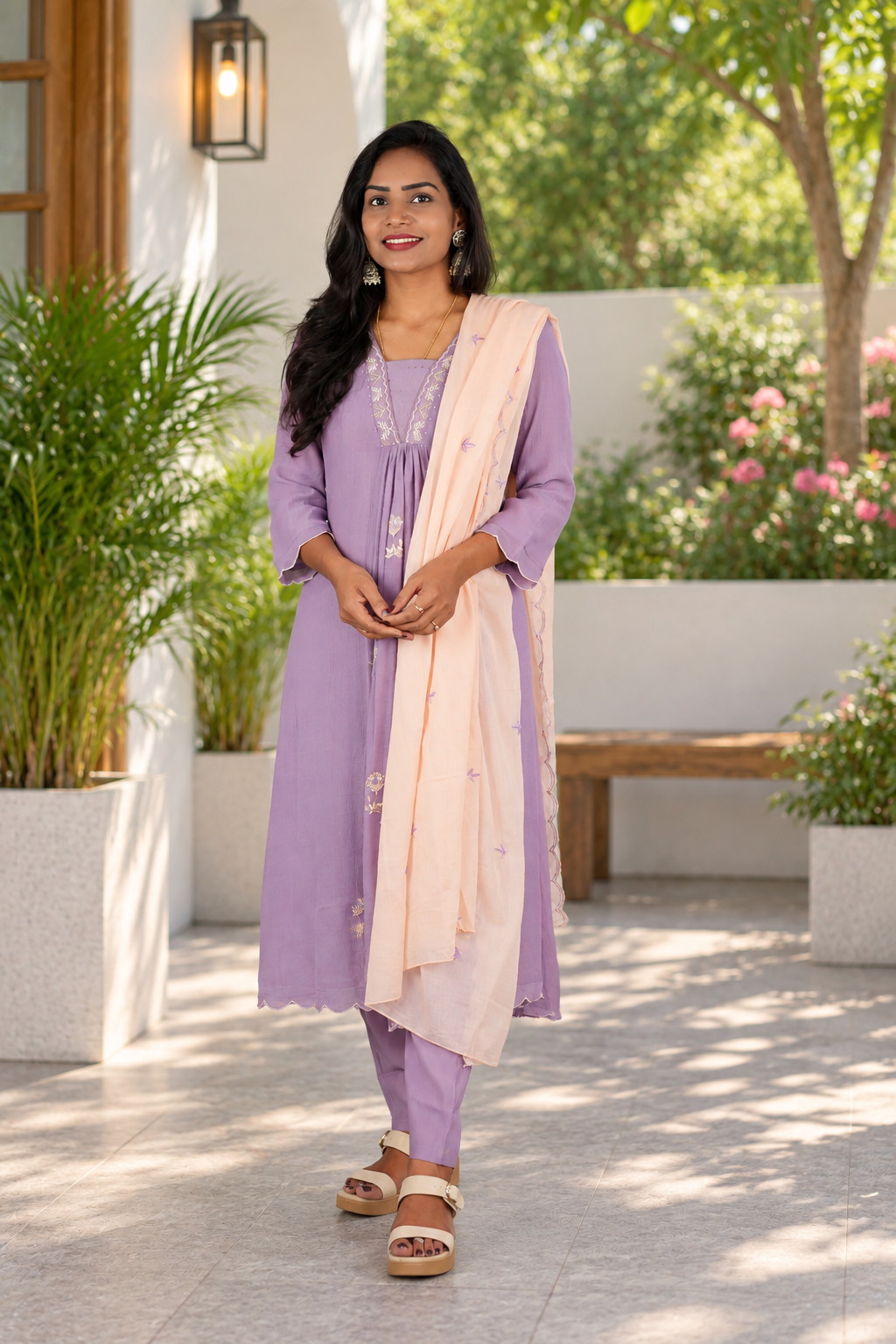 Muted Lavender Crushed Mul Cotton Stylish 3 Piece Set With Lining and Contrast Dupatta