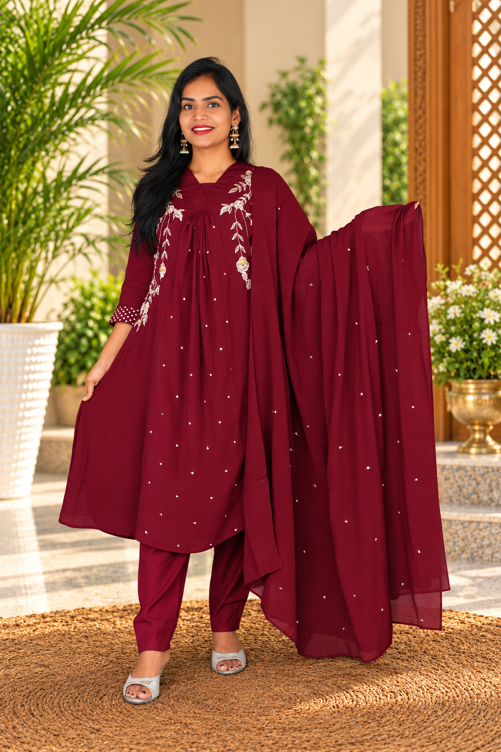 Deep Burgundy Mul Chanderi Embroidered 3-Piece Set with Lining