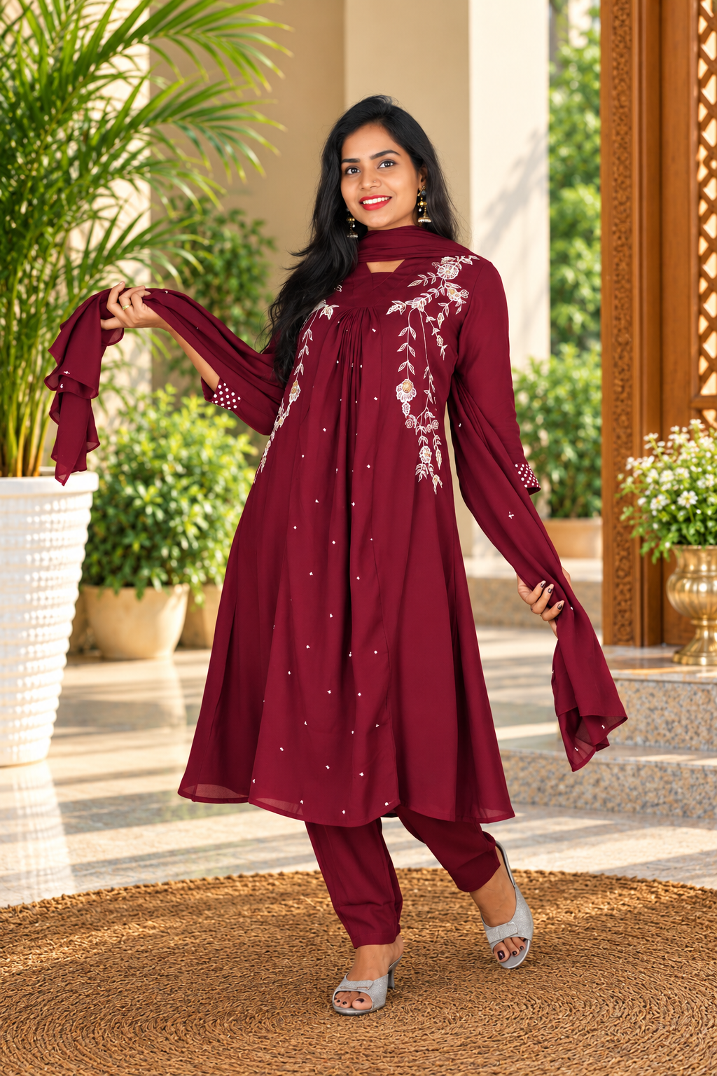 Deep Burgundy Mul Chanderi Embroidered 3-Piece Set with Lining