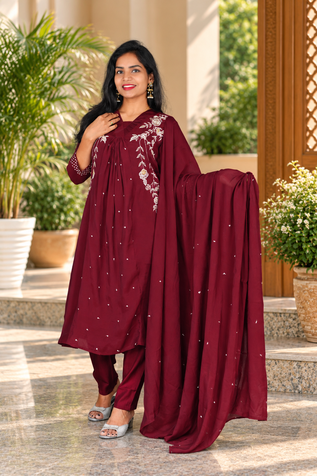 Deep Burgundy Mul Chanderi Embroidered 3-Piece Set with Lining