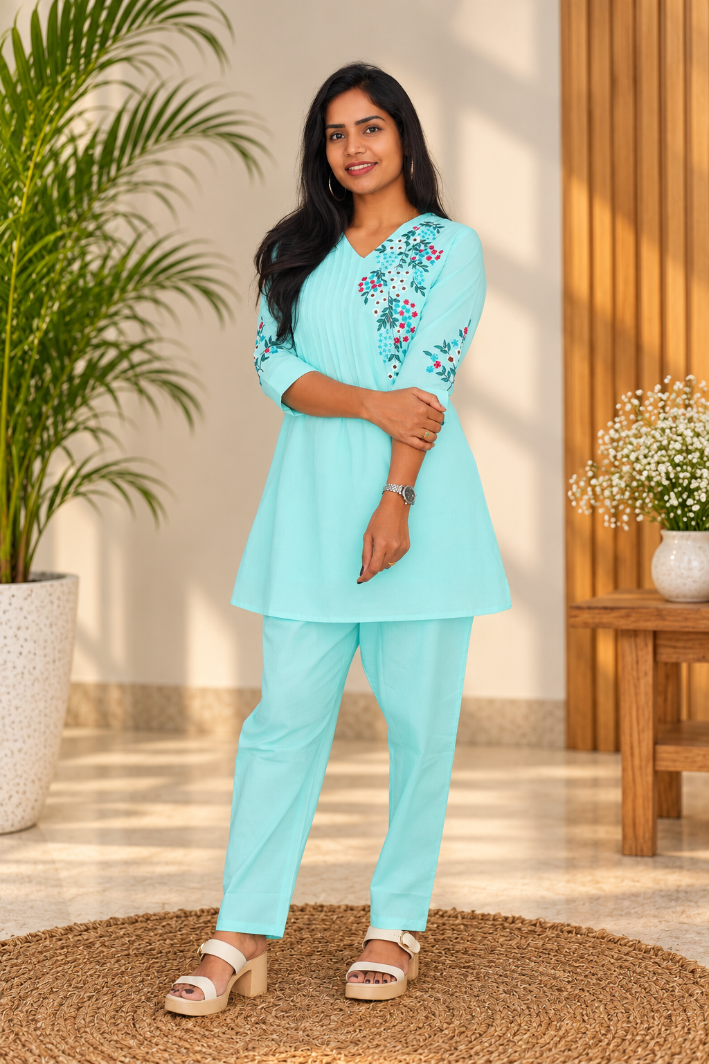 Aqua Blue Floral Embroidered 2-Piece Kurta Set with Lining