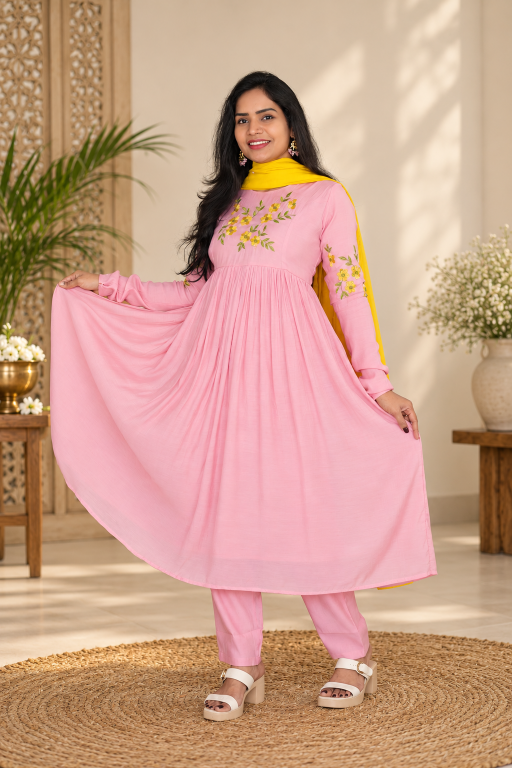 Baby Pink Designer Mul Cotton Embroidered 3-Piece Set with Lining & Contrast Dupatta