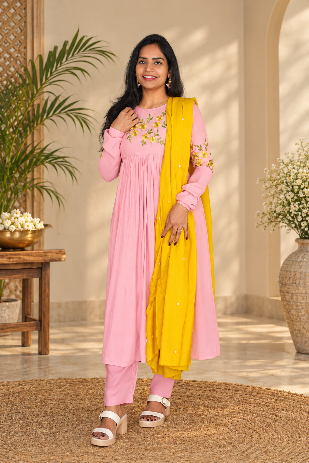 Baby Pink Designer Mul Cotton Embroidered 3-Piece Set with Lining & Contrast Dupatta