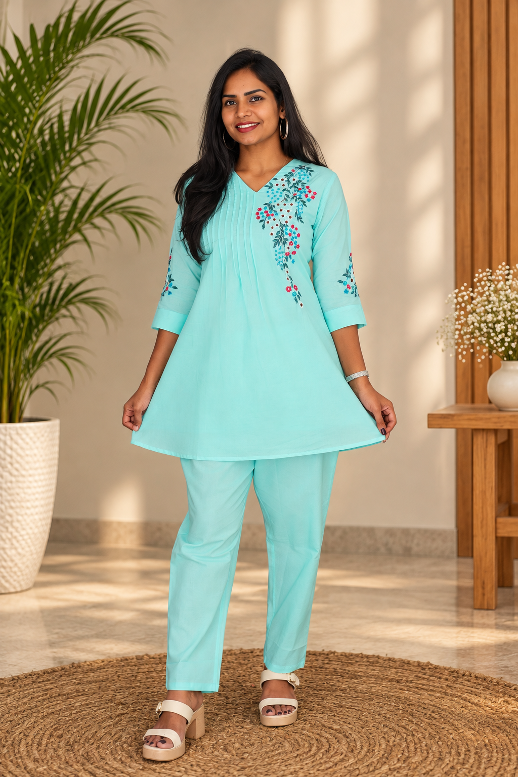 Aqua Blue Floral Embroidered 2-Piece Kurta Set with Lining