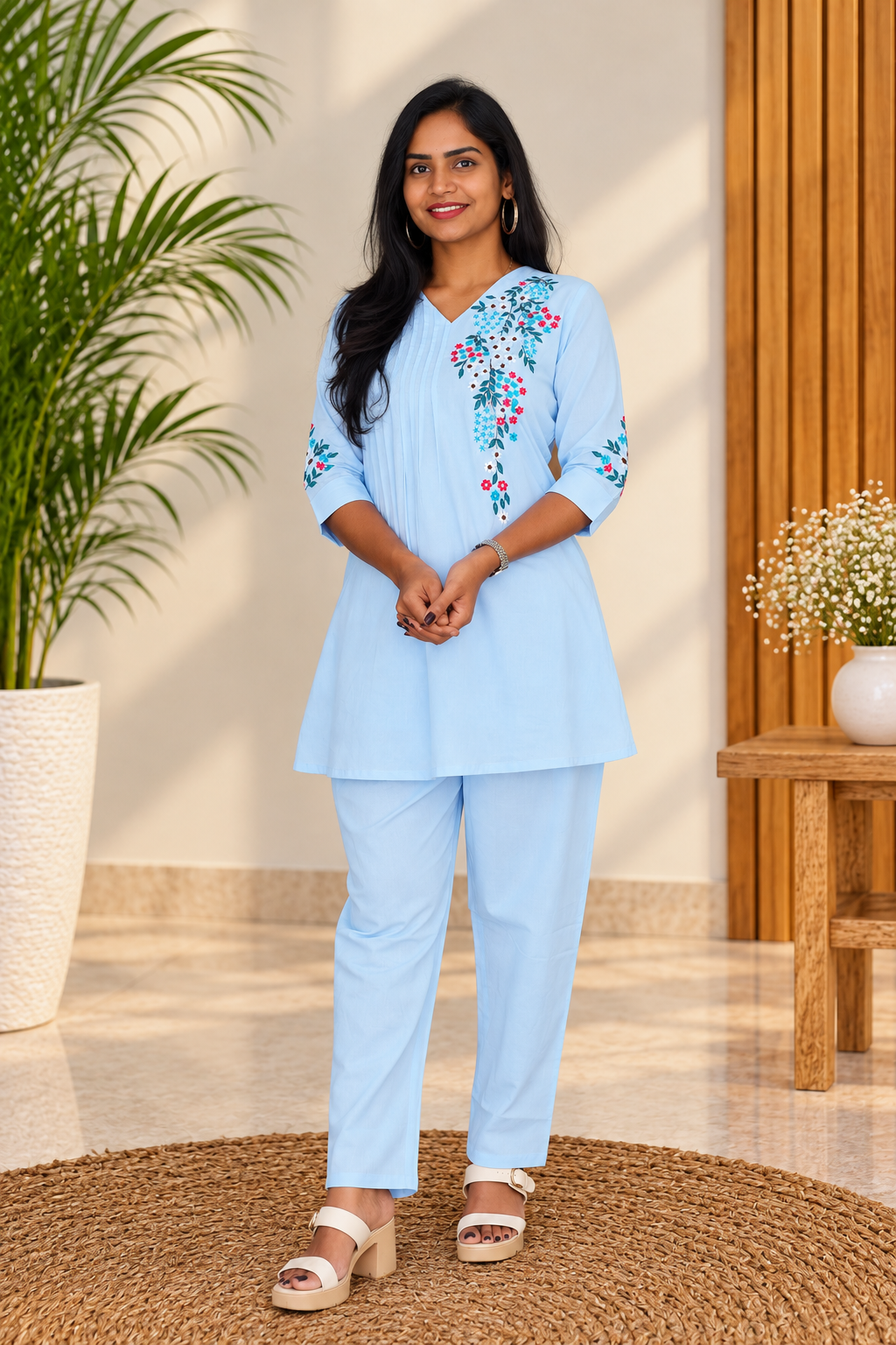Sky Blue Floral Embroidered 2-Piece Kurta Set with Lining