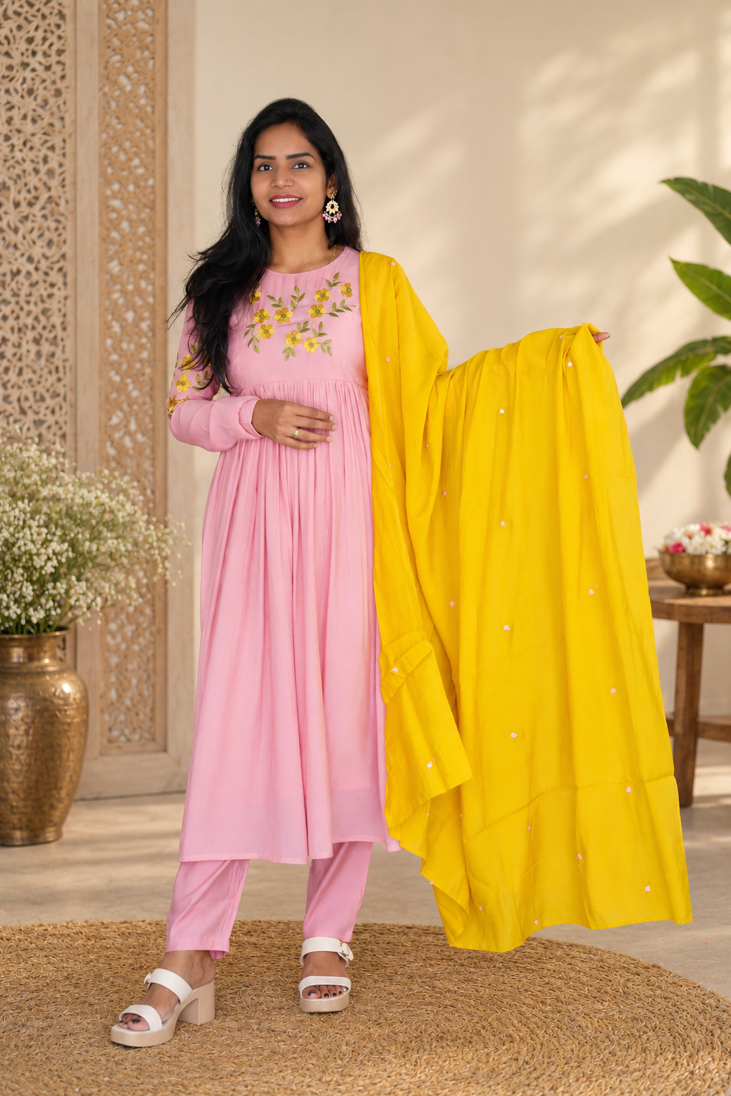 Baby Pink Designer Mul Cotton Embroidered 3-Piece Set with Lining & Contrast Dupatta