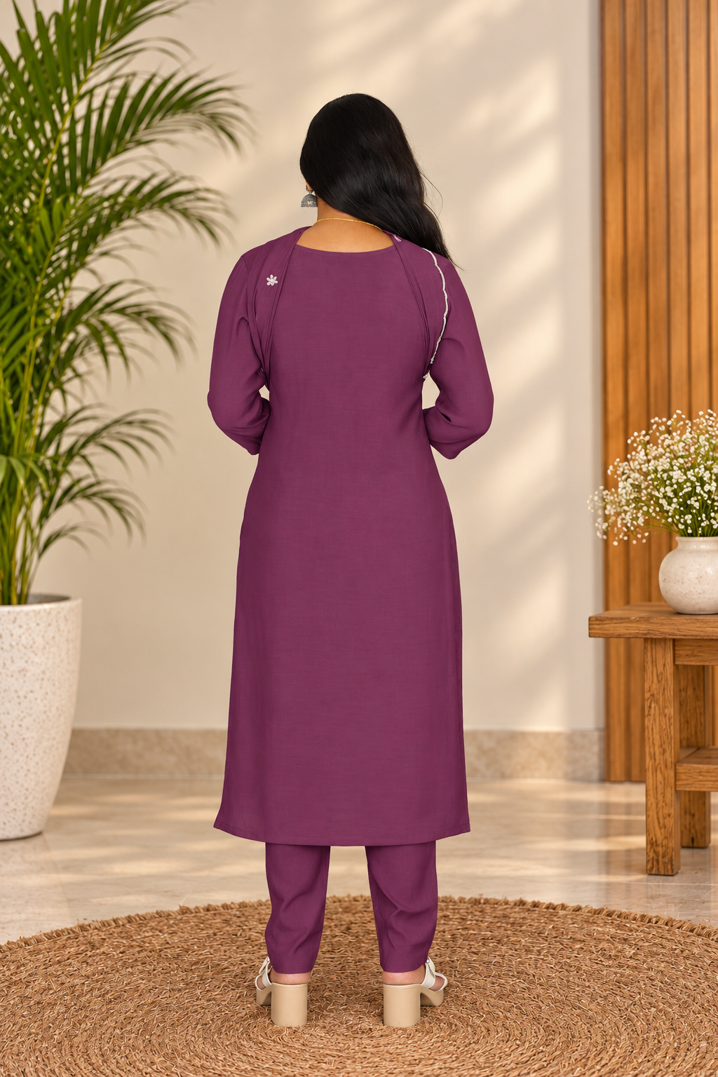 Plum Purple Embroidered 3-Piece Kurta Set with Lining