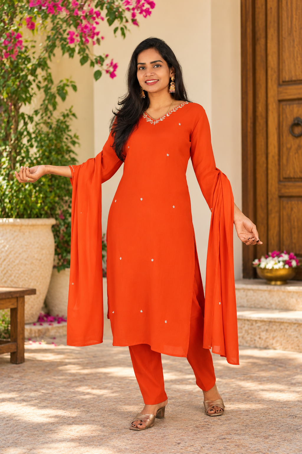 Orange Mul Chanderi Festive 3-Piece Set with Lining