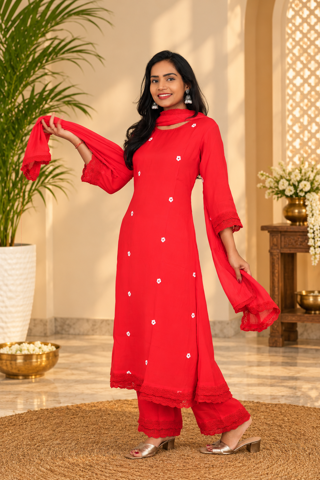 Red Color Mul chanderi Festive Wear 3 Piece Set With Lining