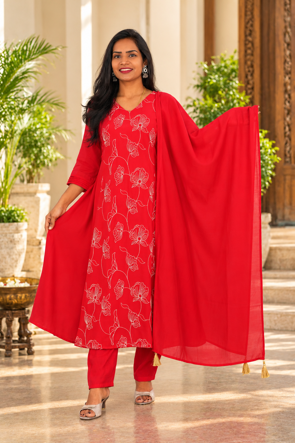 Red Color Mul Chanderi Embroidered 3-Piece Kurta Set with Lining