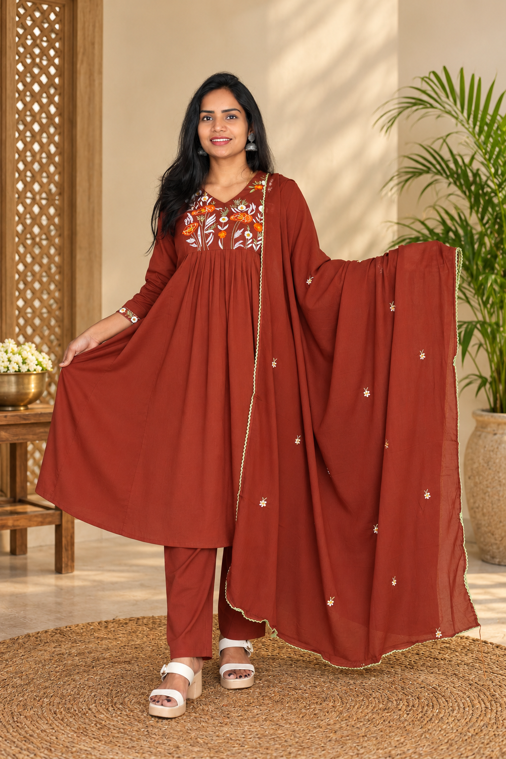 Rust Brown Mul Cotton Embroidered 3-Piece Set with Lining & Dupatta