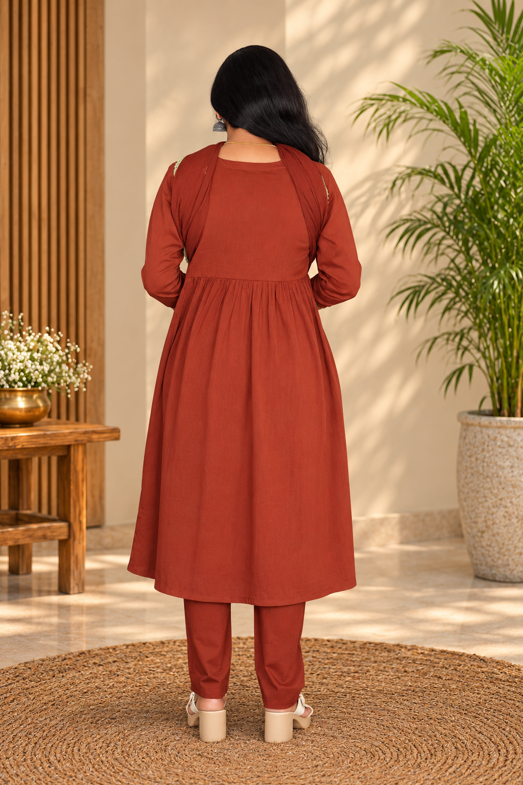 Rust Brown Mul Cotton Embroidered 3-Piece Set with Lining & Dupatta
