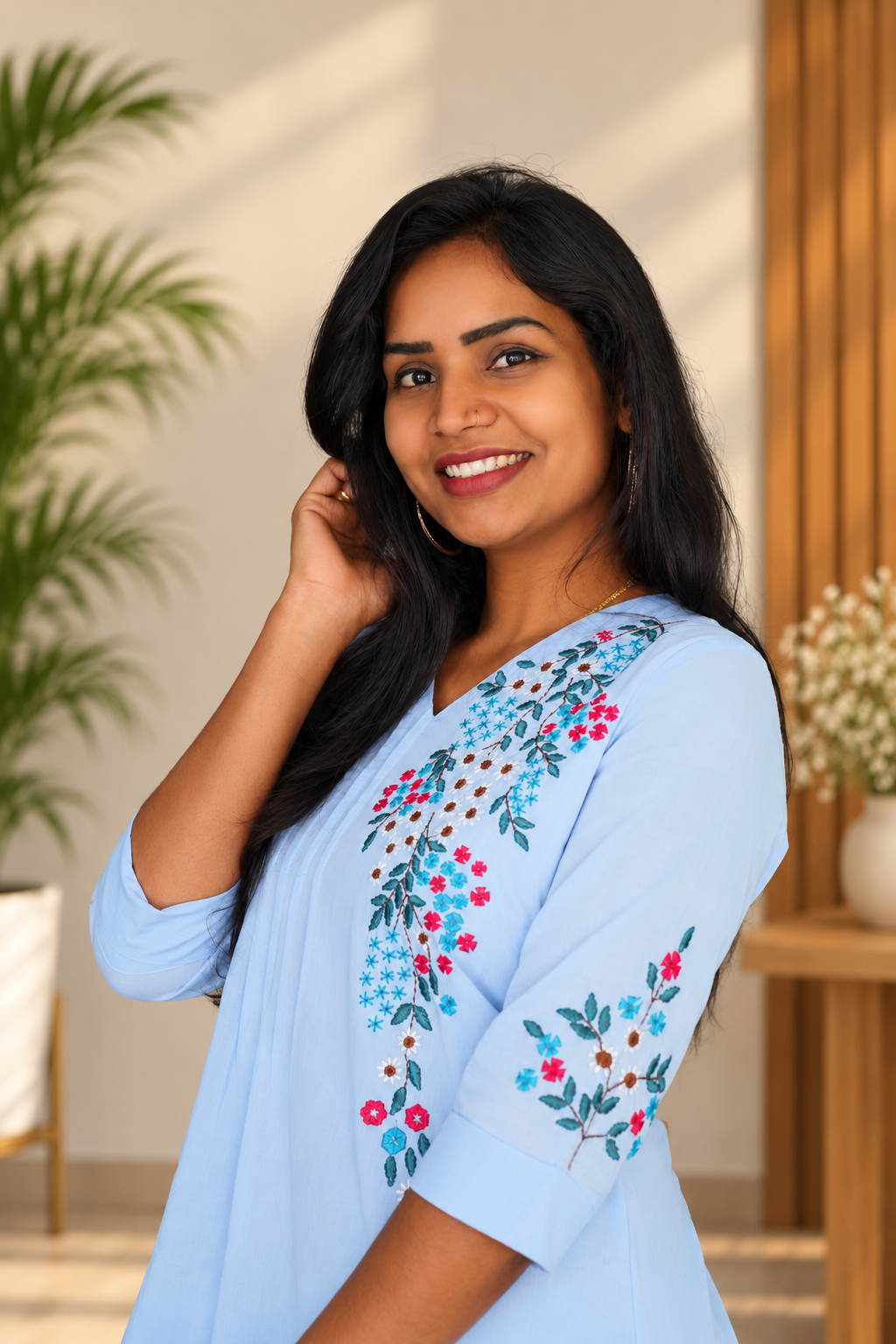 Sky Blue Floral Embroidered 2-Piece Kurta Set with Lining