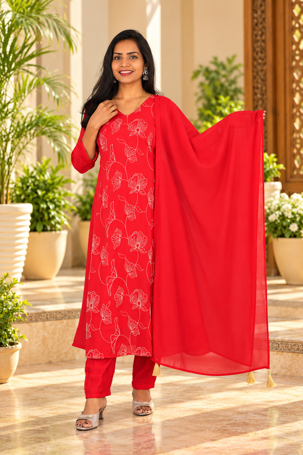 Red Color Mul Chanderi Embroidered 3-Piece Kurta Set with Lining