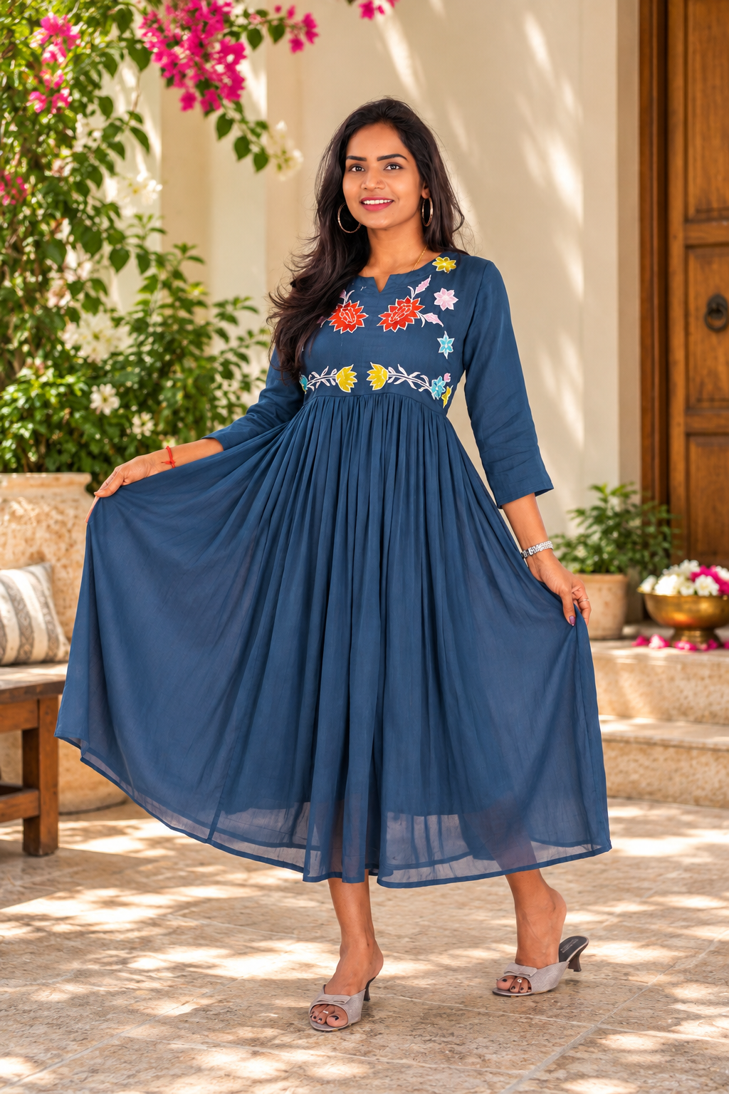 Blue Color Mul Cotton Embroidered Midi Frock with Full Lining