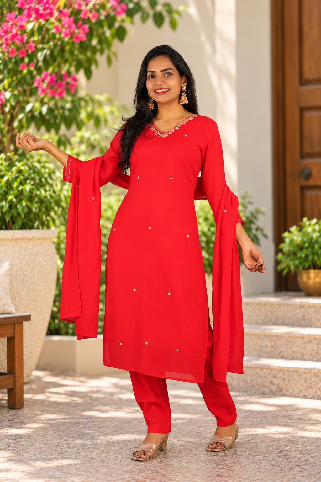 Red Mul Chanderi Festive 3-Piece Set with Lining