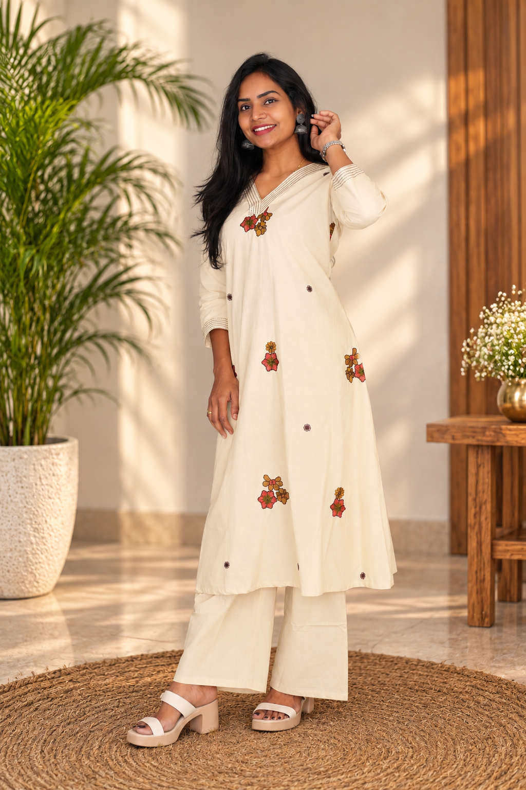Ivory Cream Floral Embroidered 2-Piece Kurta Set