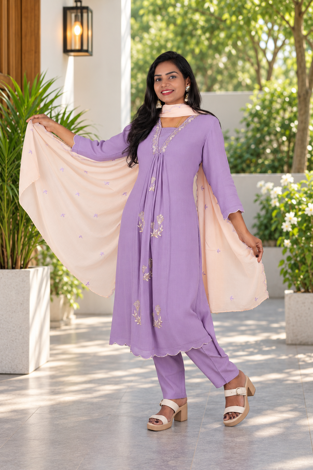Muted Lavender Crushed Mul Cotton Stylish 3 Piece Set With Lining and Contrast Dupatta