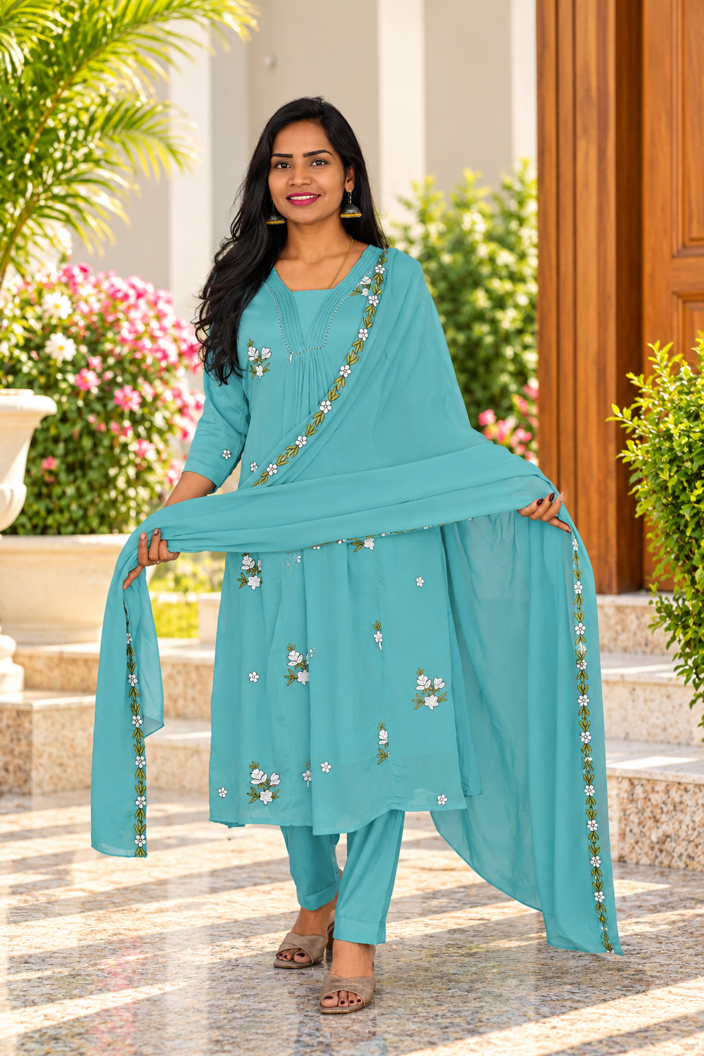 Light Aqua Blue Chinon Designer 3-Piece Kurta Set with Lining