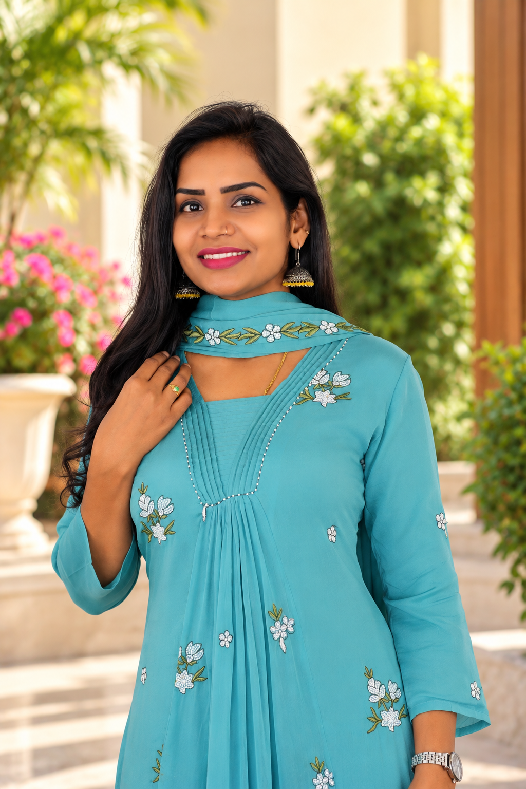 Light Aqua Blue Chinon Designer 3-Piece Kurta Set with Lining