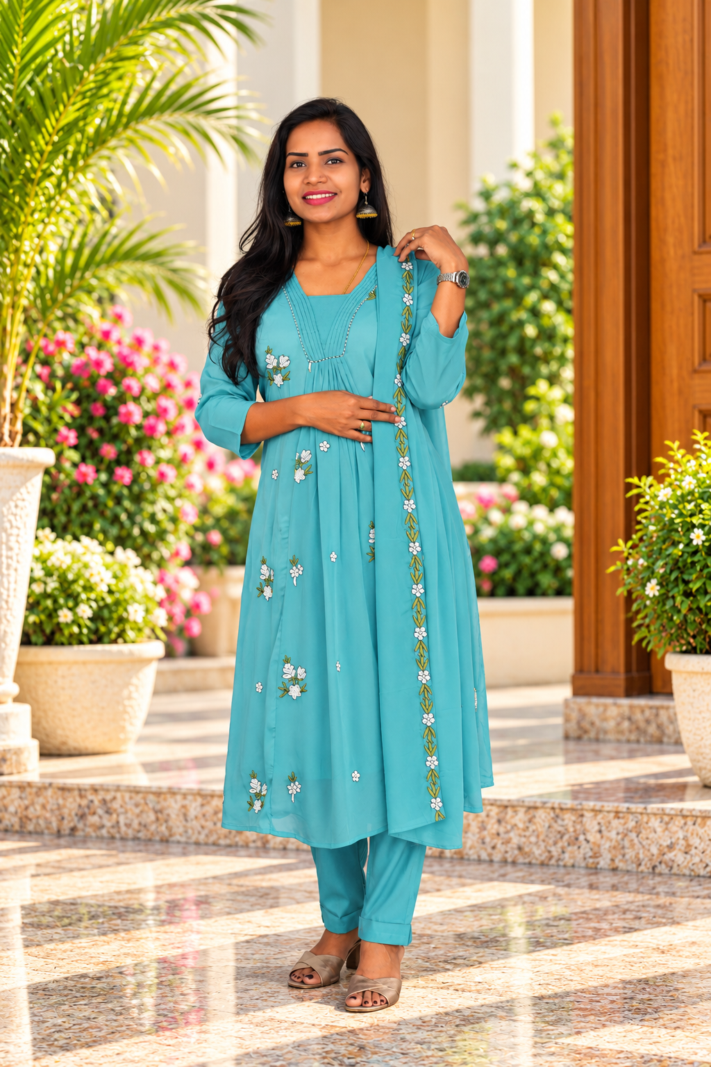 Light Aqua Blue Chinon Designer 3-Piece Kurta Set with Lining
