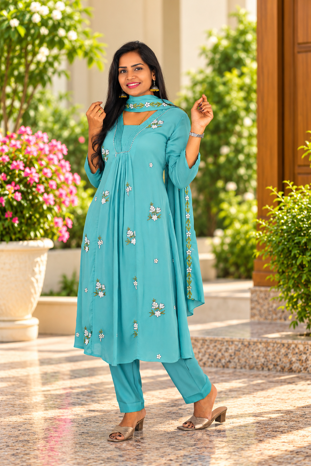 Light Aqua Blue Chinon Designer 3-Piece Kurta Set with Lining