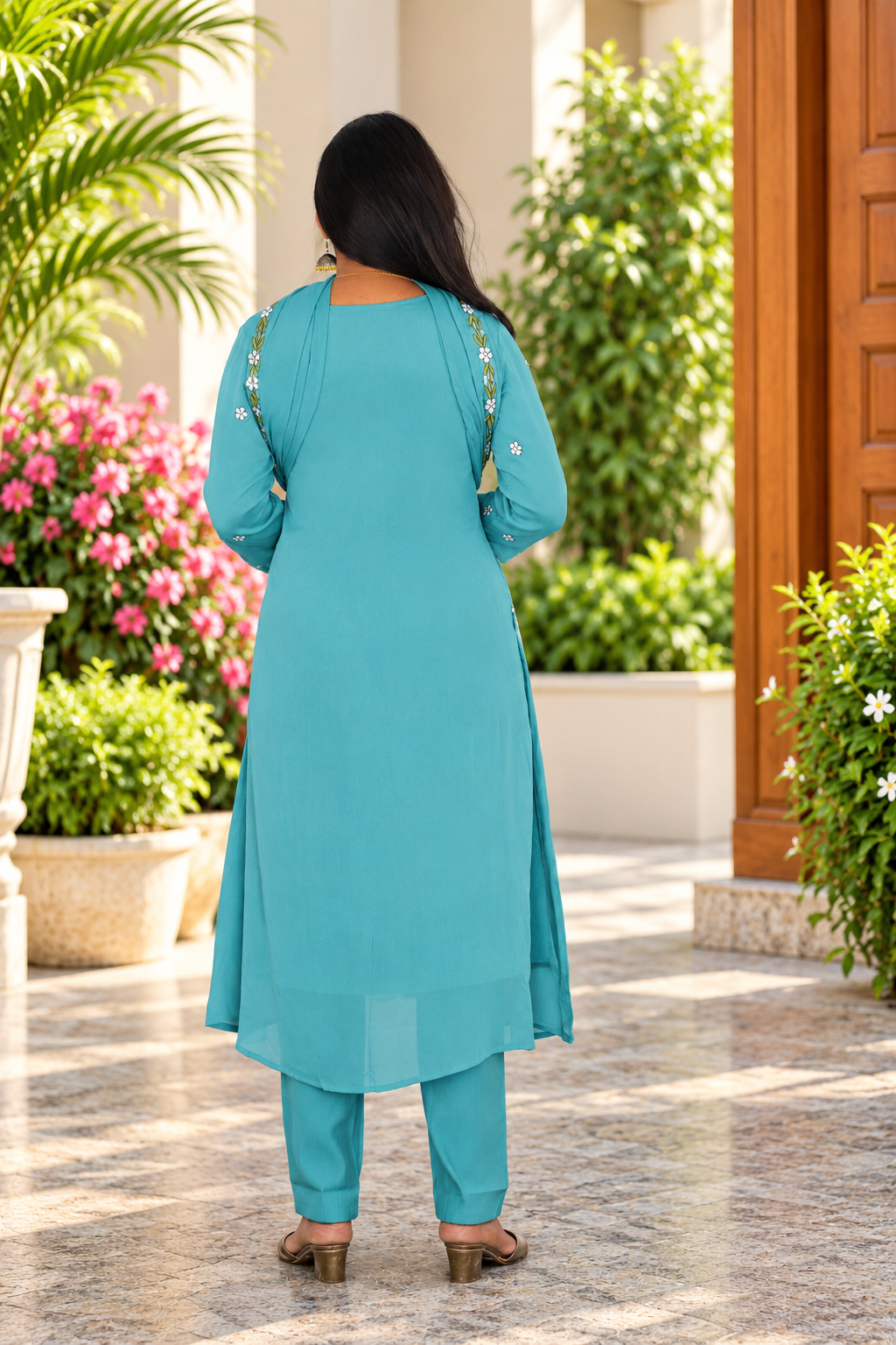 Light Aqua Blue Chinon Designer 3-Piece Kurta Set with Lining