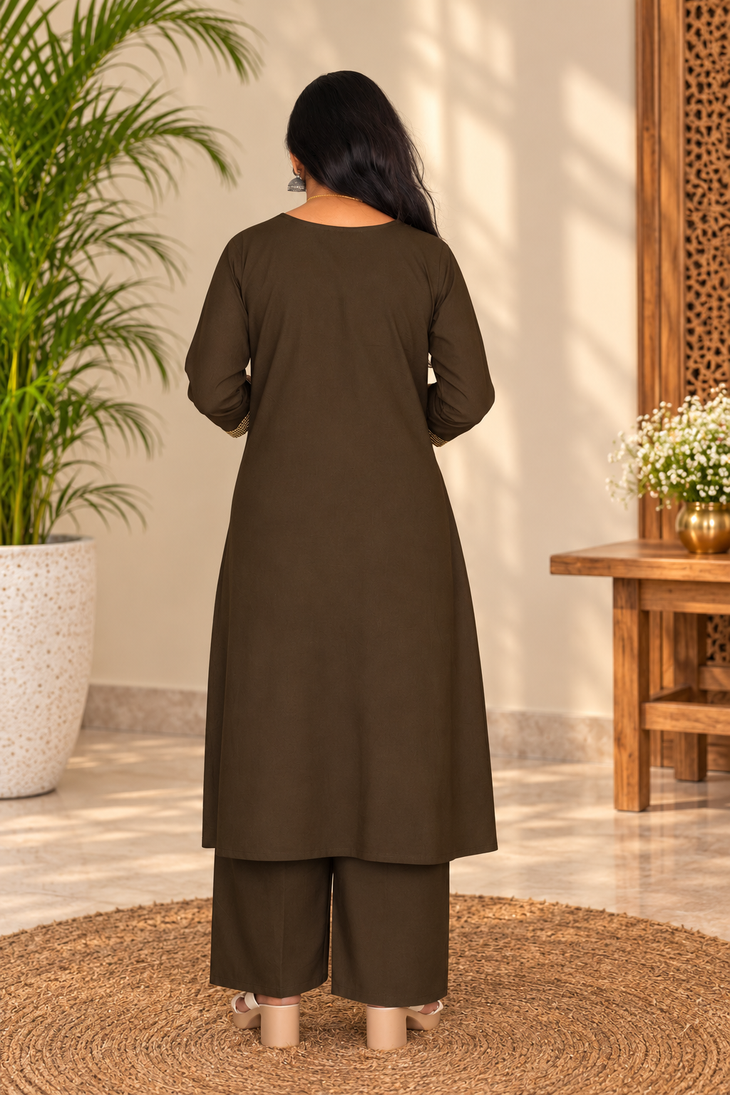 Dark Olive Brown Floral Embroidered 2-Piece Kurta Set