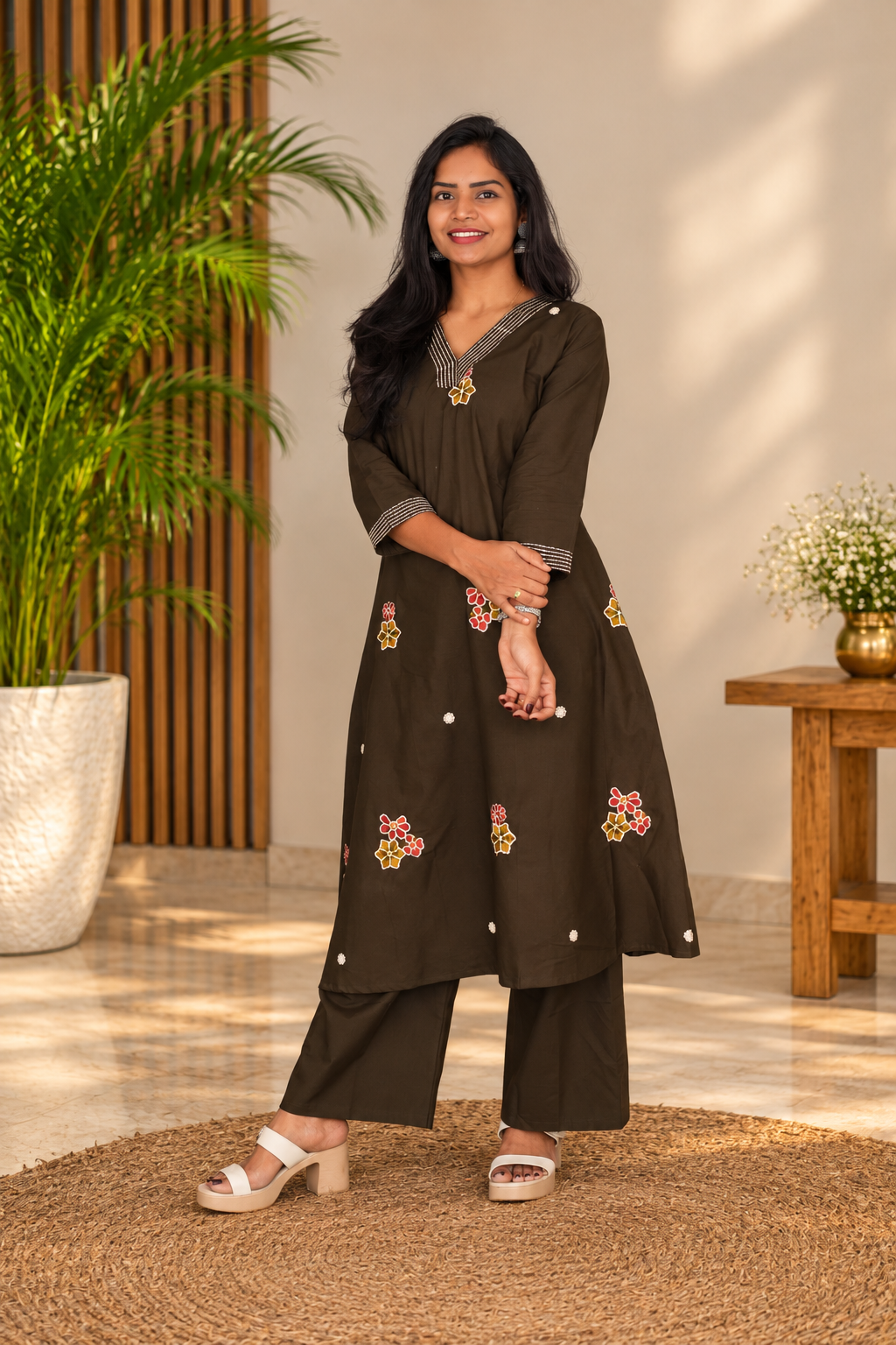 Dark Olive Brown Floral Embroidered 2-Piece Kurta Set