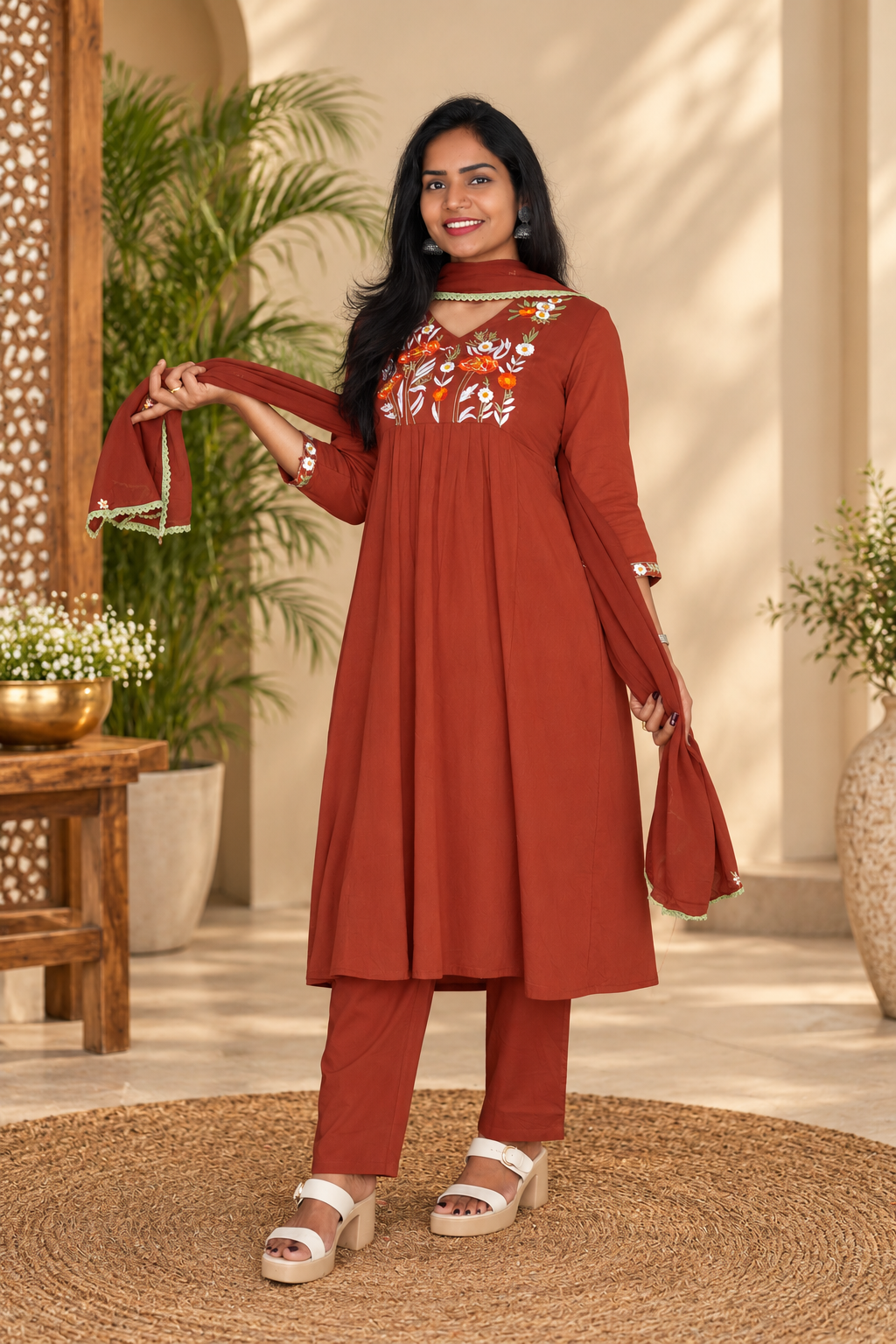 Rust Brown Mul Cotton Embroidered 3-Piece Set with Lining & Dupatta