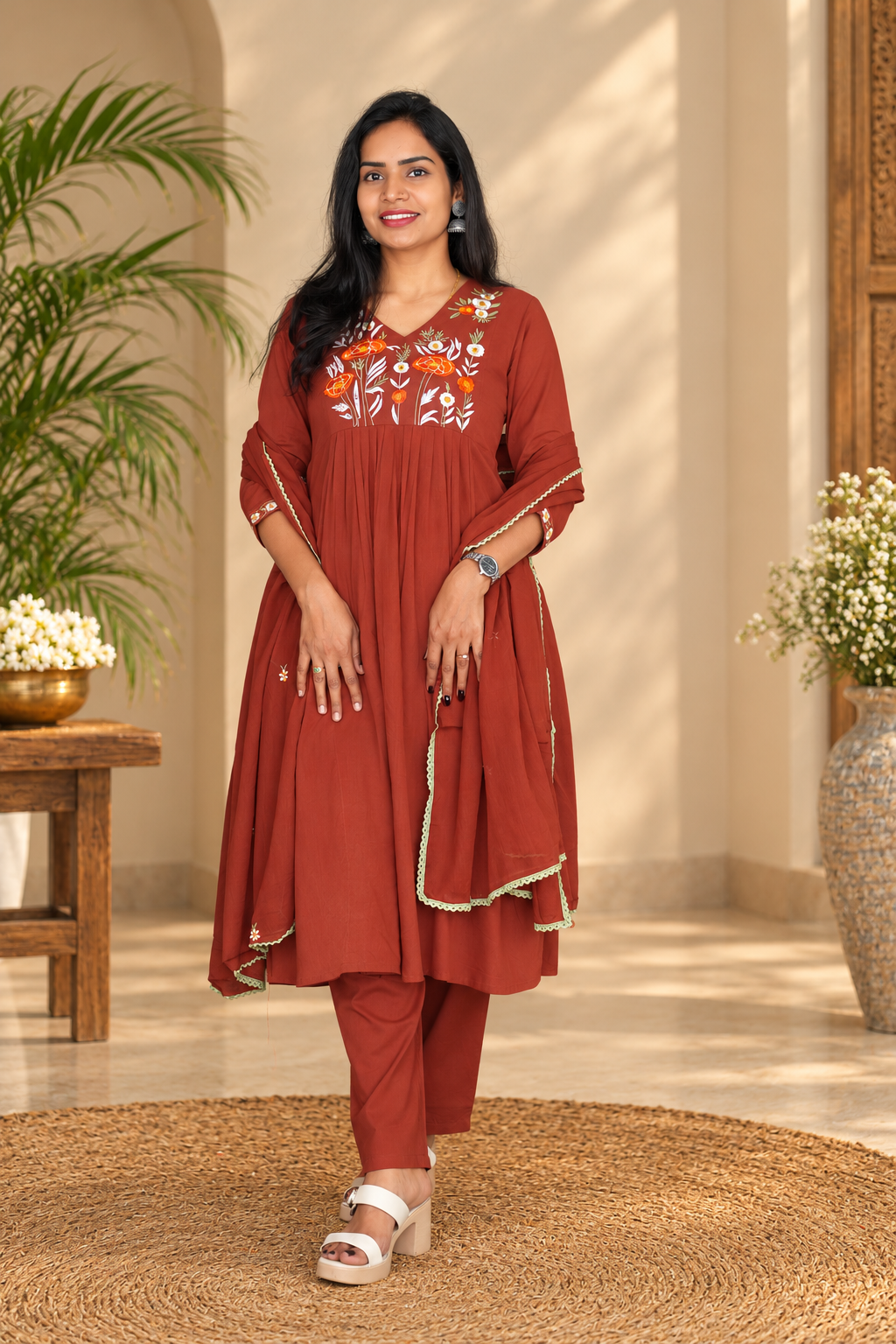 Rust Brown Mul Cotton Embroidered 3-Piece Set with Lining & Dupatta