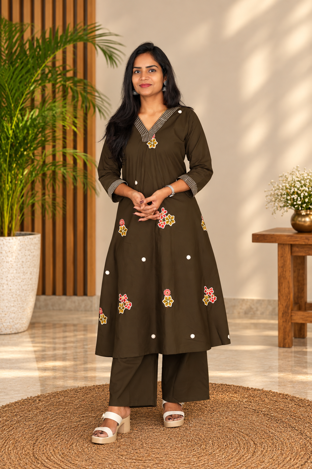 Dark Olive Brown Floral Embroidered 2-Piece Kurta Set