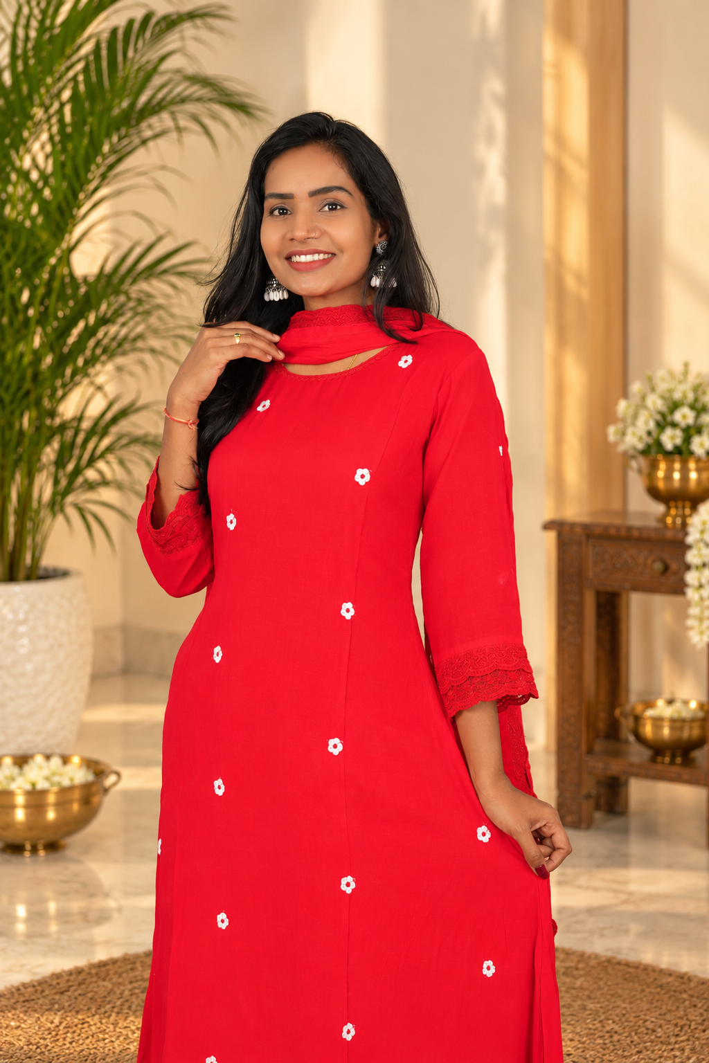 Red Color Mul chanderi Festive Wear 3 Piece Set With Lining