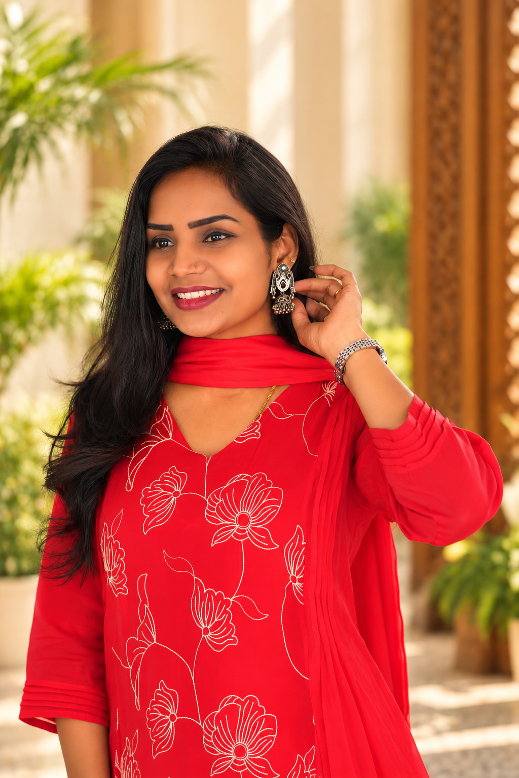 Red Color Mul Chanderi Embroidered 3-Piece Kurta Set with Lining