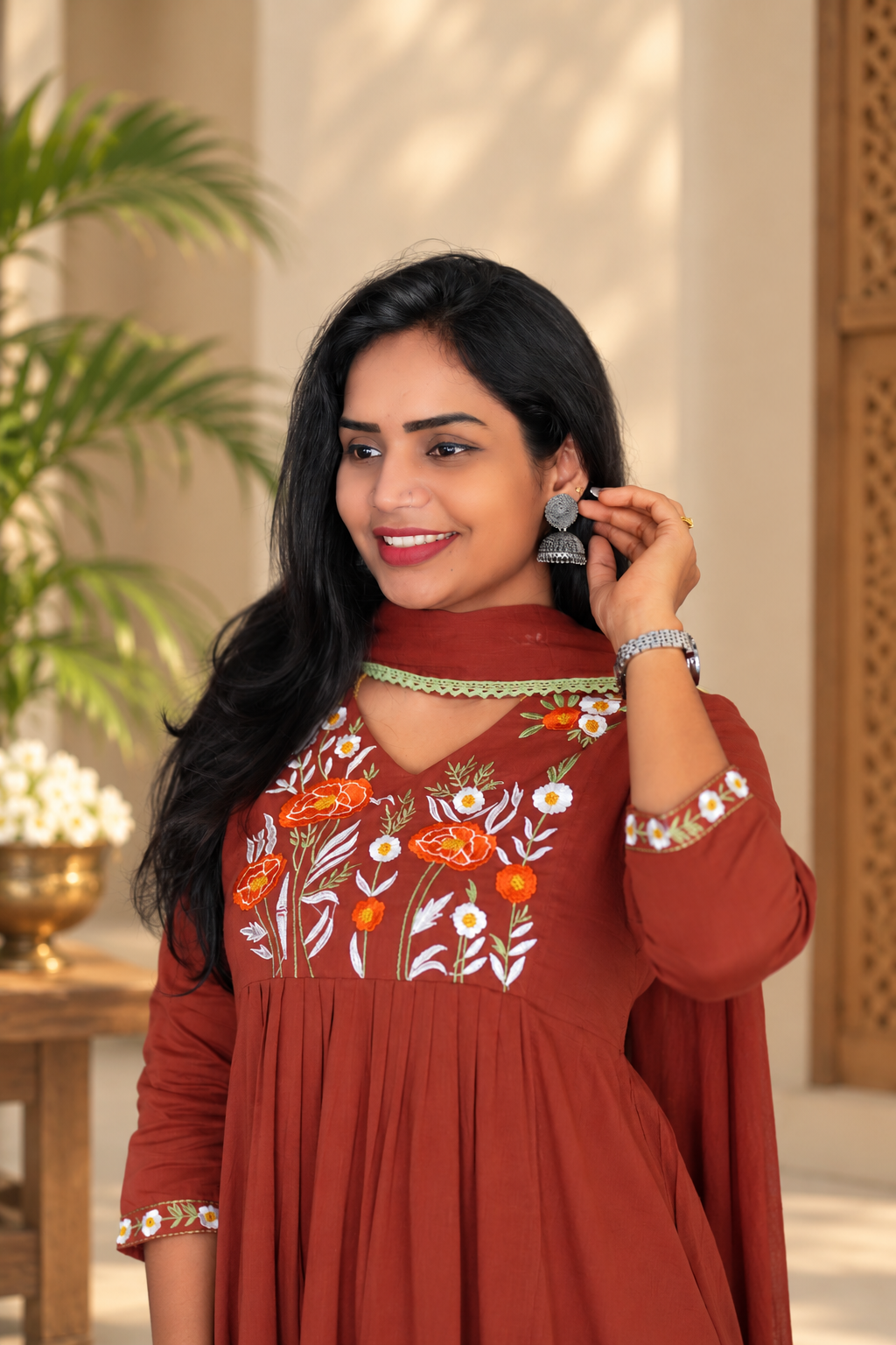 Rust Brown Mul Cotton Embroidered 3-Piece Set with Lining & Dupatta