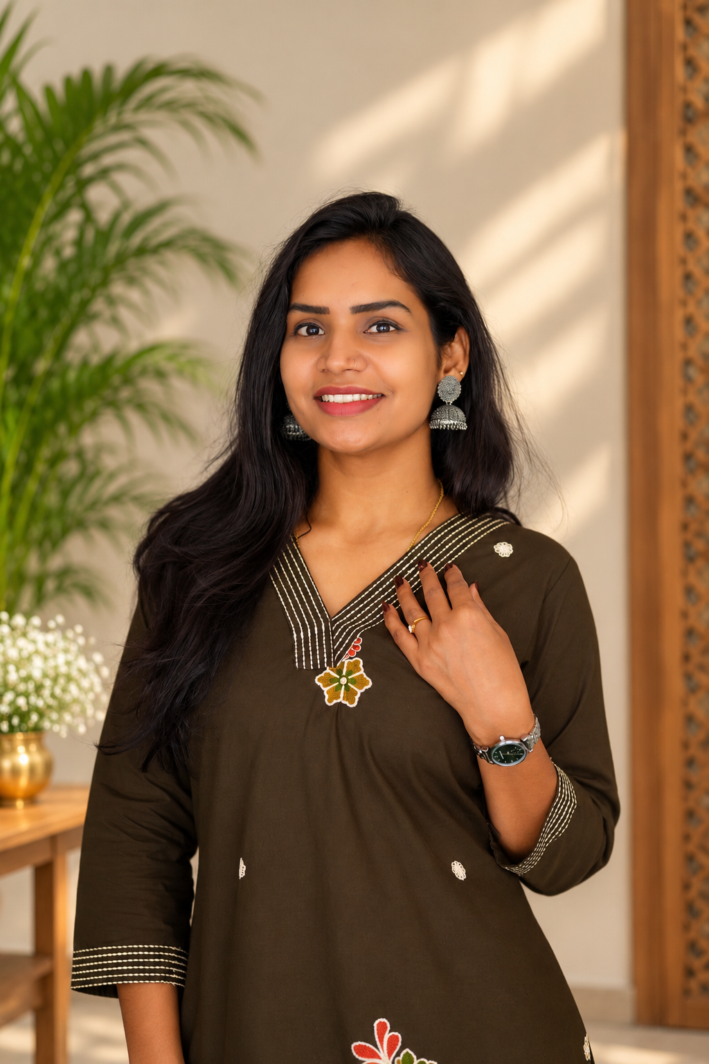 Dark Olive Brown Floral Embroidered 2-Piece Kurta Set