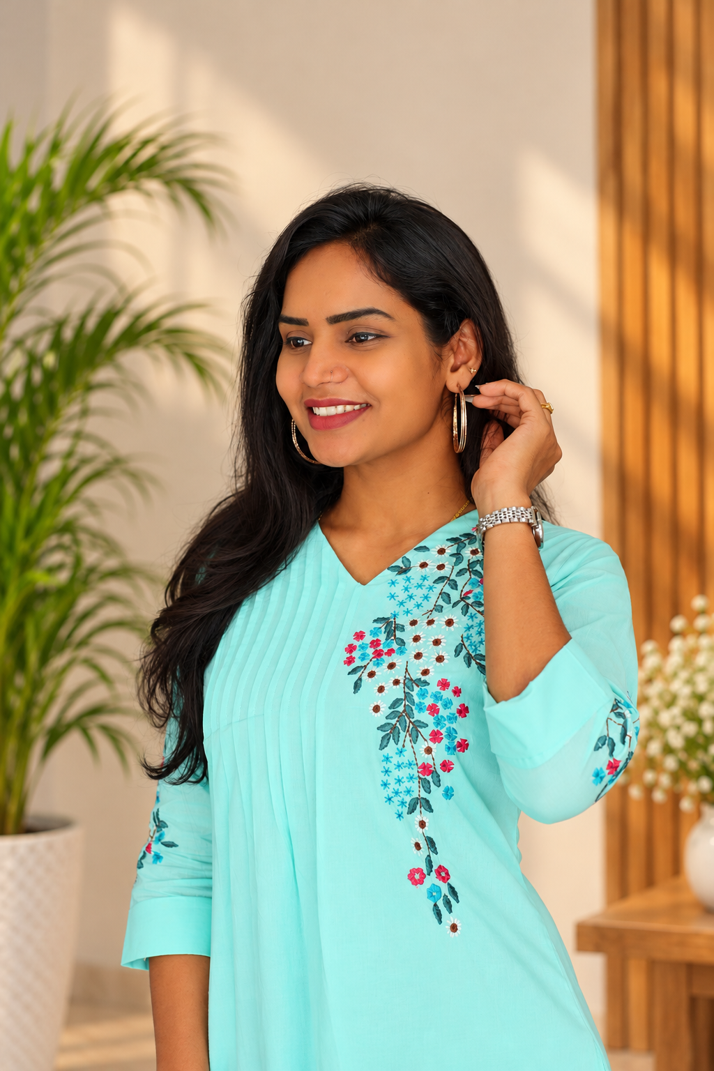 Aqua Blue Floral Embroidered 2-Piece Kurta Set with Lining