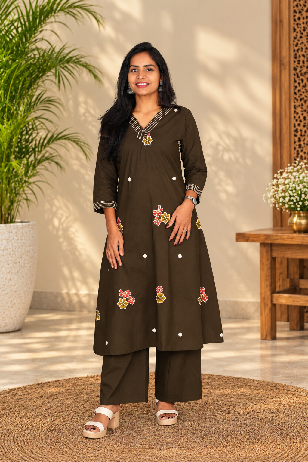 Dark Olive Brown Floral Embroidered 2-Piece Kurta Set