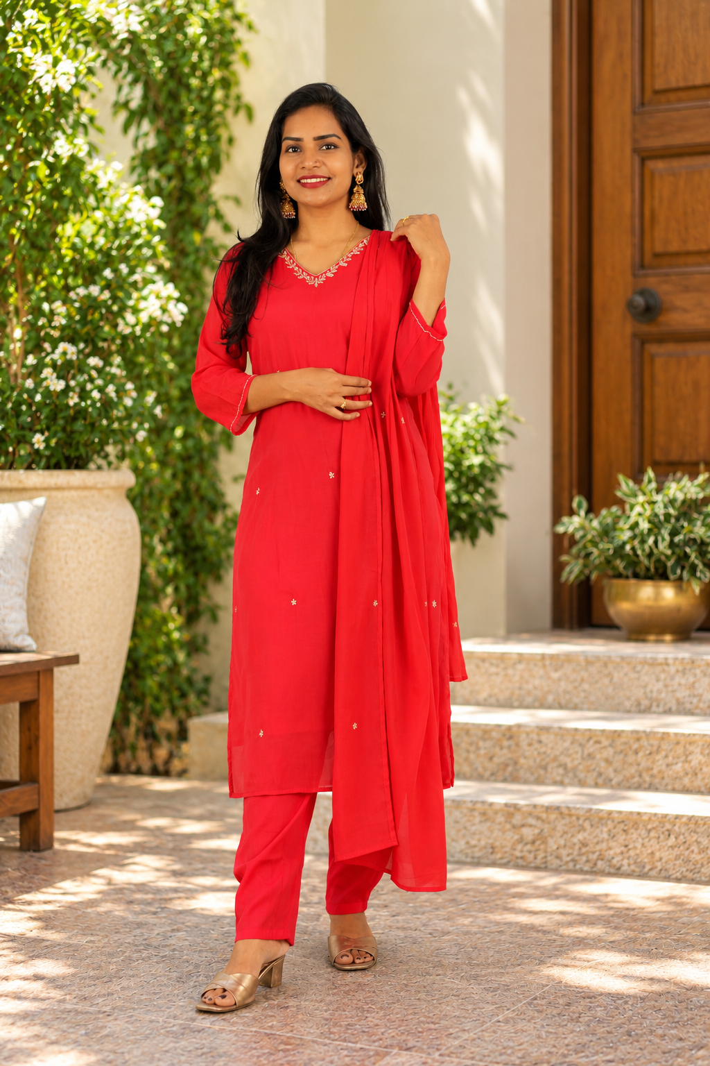 Red Mul Chanderi Festive 3-Piece Set with Lining